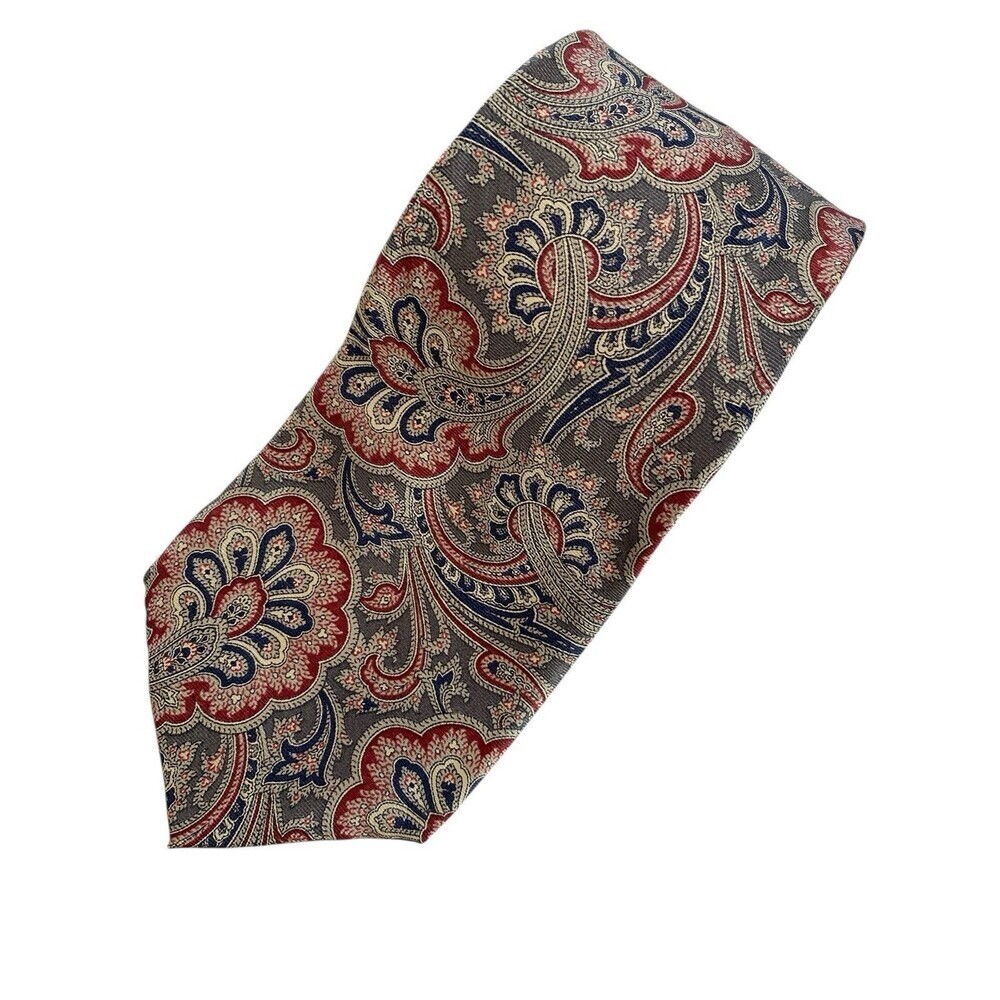Vtg Burma Bibas Tie Men's Necktie Silk Gray Red Blue Paisley 57-1/2 x 3-1/2 USA